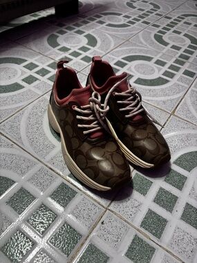 Coach Brown Monogram Sneakers with Dusty Rose Trim